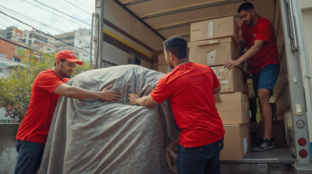 Equipe profissional realizando transporte de móveis durante mudança no Rio de Janeiro