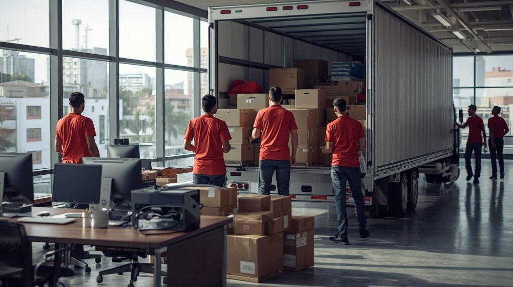Equipe realizando mudança comercial no Rio de Janeiro transportando equipamentos