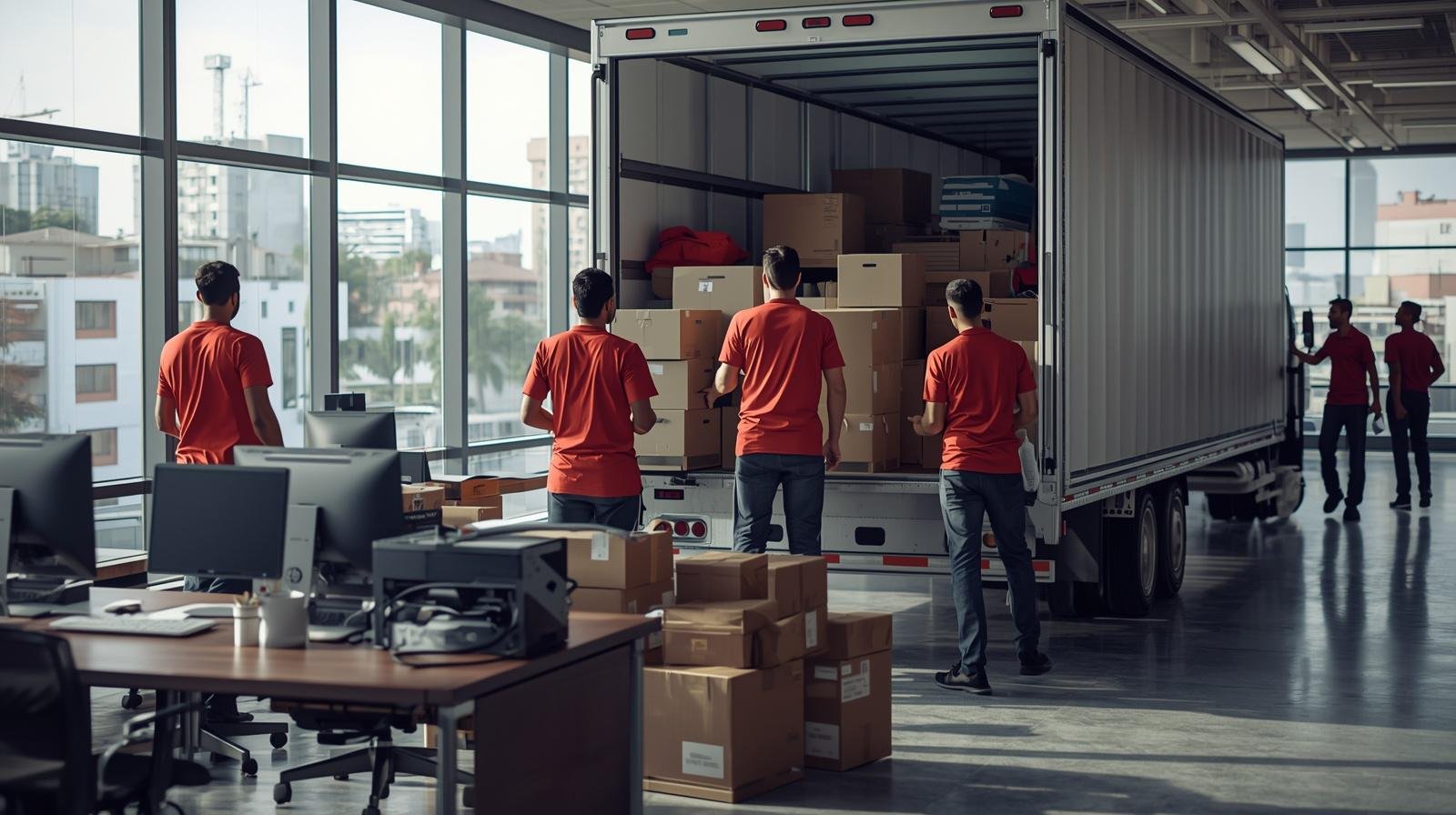 Mudanças Comerciais RJ 3 Equipe carregando móveis e equipamentos de uma empresa em mudança comercial no RJ