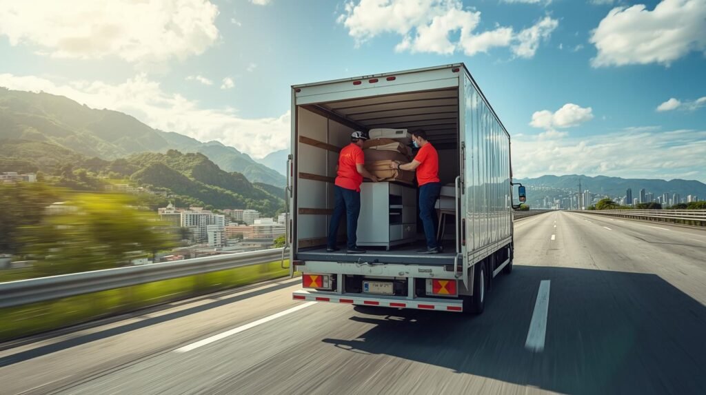Caminhão realizando mudança interestadual saindo do Rio de Janeiro