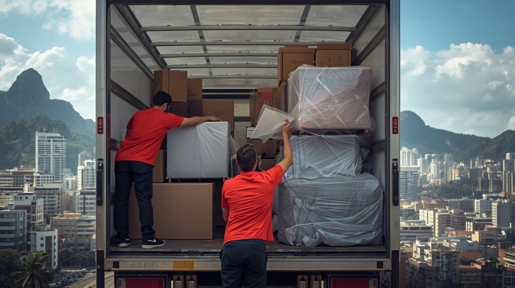 Equipe organizando móveis protegidos dentro de caminhão de mudança no Rio de Janeiro