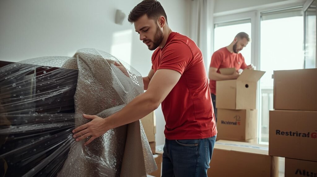 Profissional embalando móveis com plástico bolha durante mudança no Rio de Janeiro