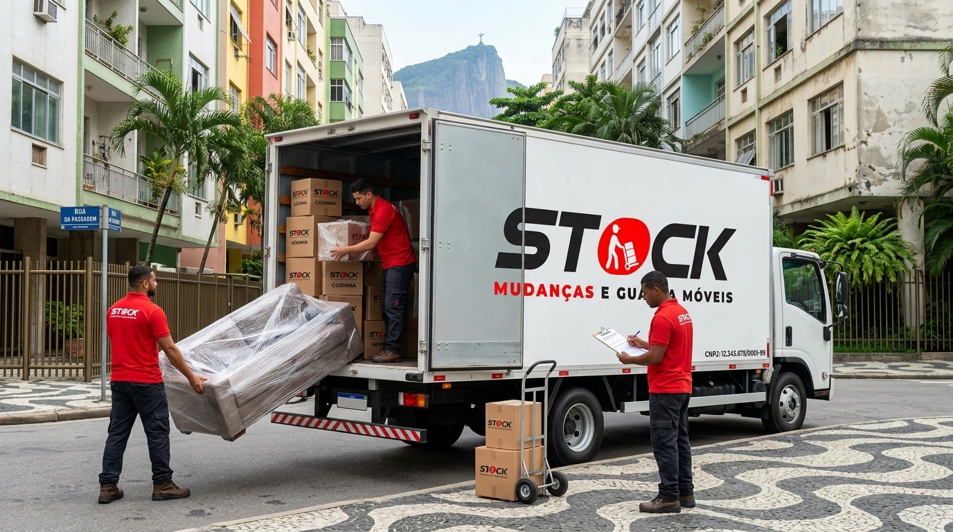 Caminhão baú da Stock Mudanças realizando transporte seguro e autorizado no Rio de Janeiro