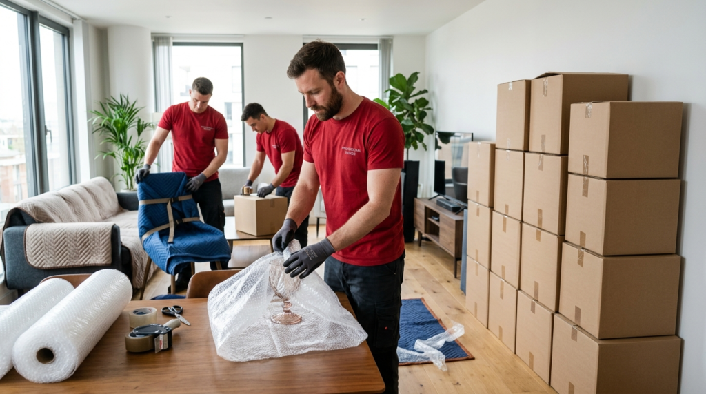 mudança residencial Barra da Tijuca RJ equipe profissional embalando móveis