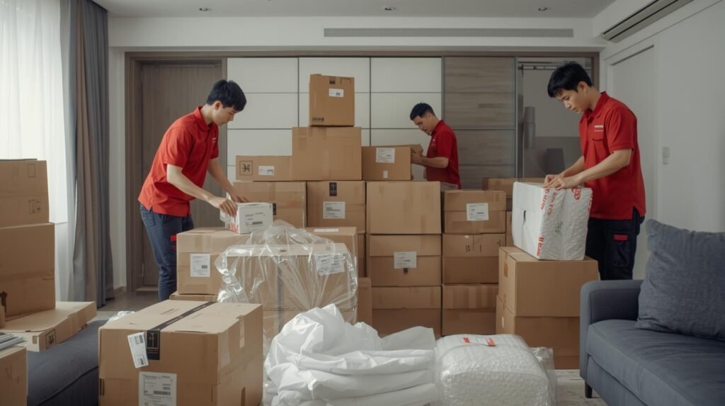 Equipe de empresa de mudanças no Rio de Janeiro embalando móveis
