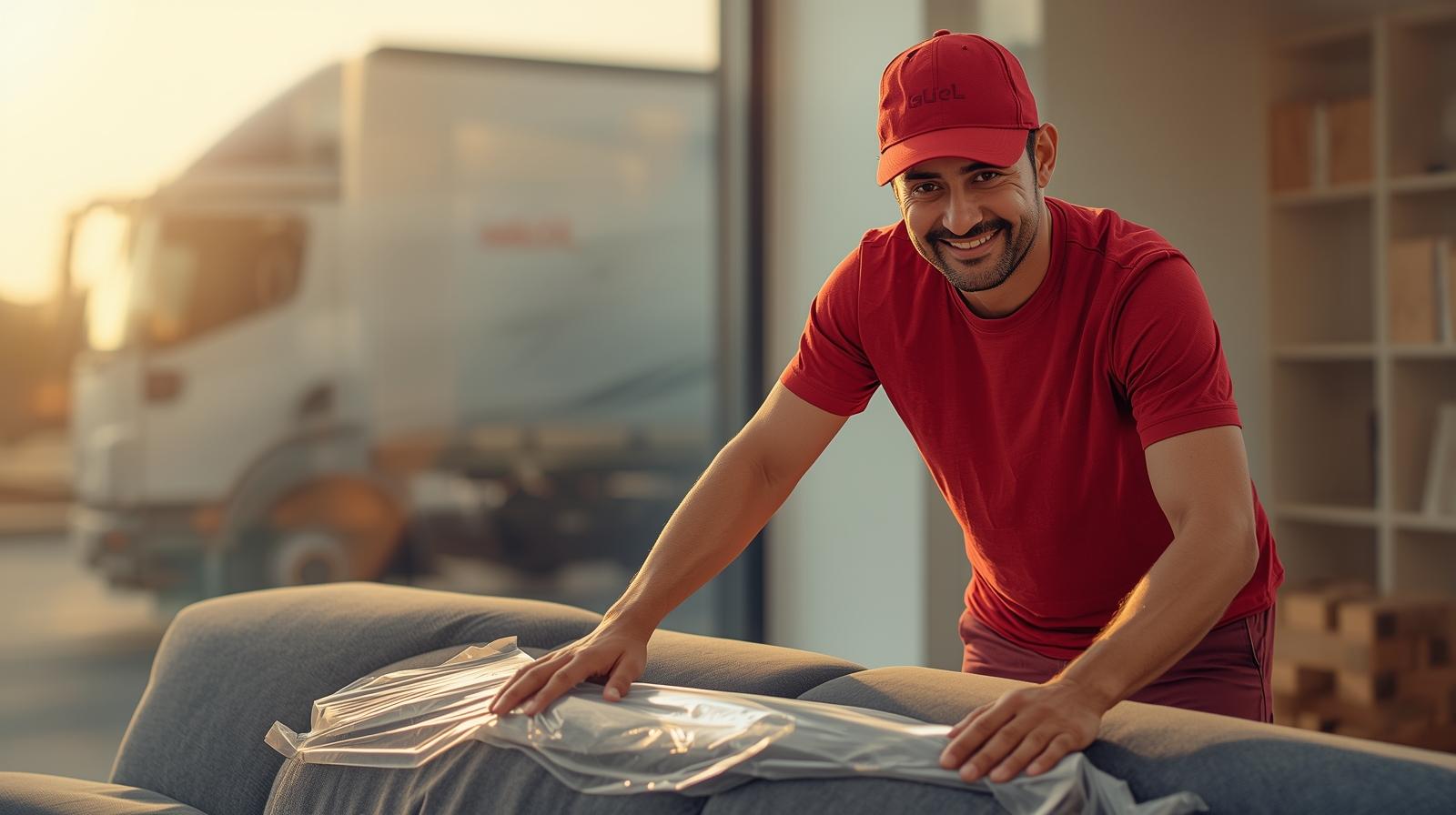 Funcionário da Stock Mudanças embalando sofá com manta acolchoada para mudança para São Paulo