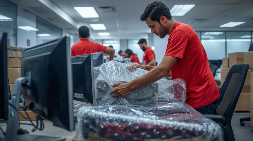 Empresa de mudança comercial RJ embalando equipamentos de escritório