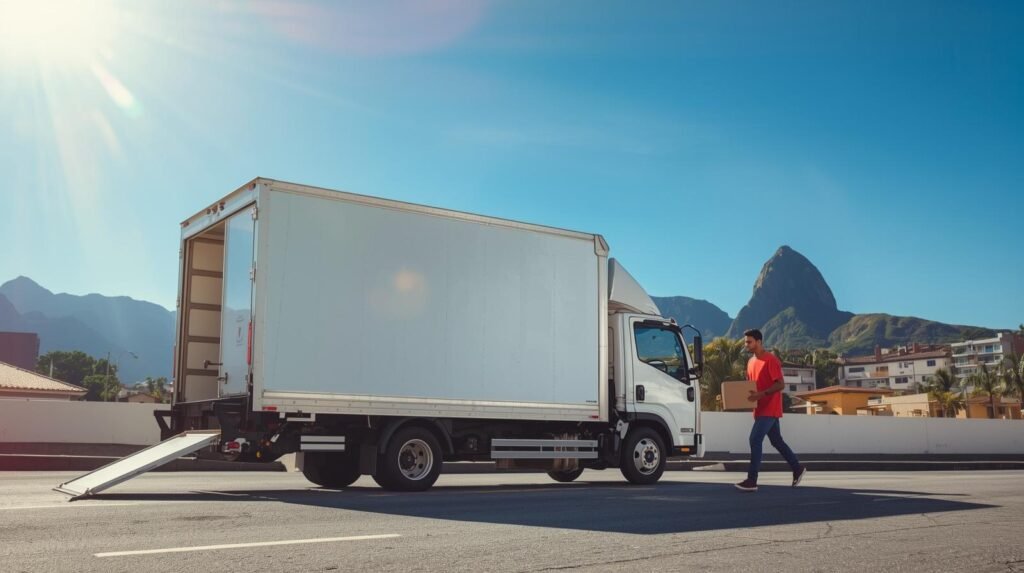 Caminhão baú da Stock Mudanças estacionado em rua de São Conrado, Rio de Janeiro, com funcionário de camiseta vermelha carregando caixa.