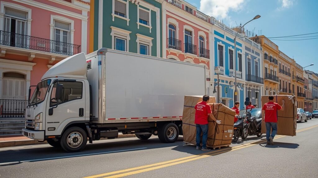 Caminhão baú da Stock Mudanças estacionado em rua da Gávea, Rio de Janeiro, com funcionário de camiseta vermelha carregando caixa.