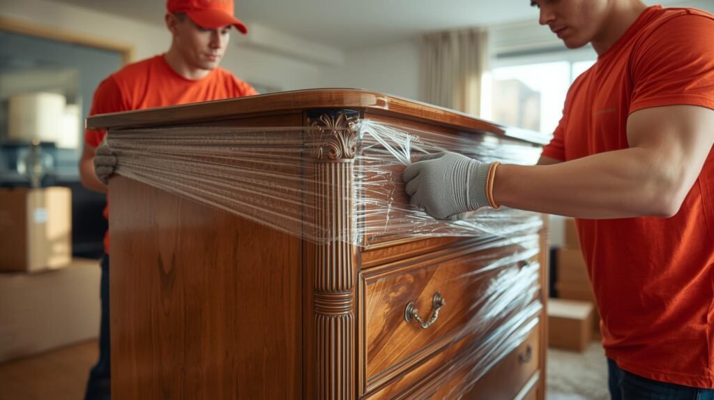 Funcionários uniformizados com camiseta vermelha da Stock Mudanças realizando serviço de embalagem de móvel em apartamento no Rio de Janeiro.