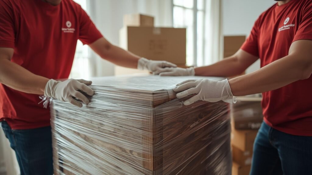 Funcionários uniformizados com camiseta vermelha da Stock Mudanças realizando serviço de embalagem de móvel em apartamento no Rio de Janeiro.