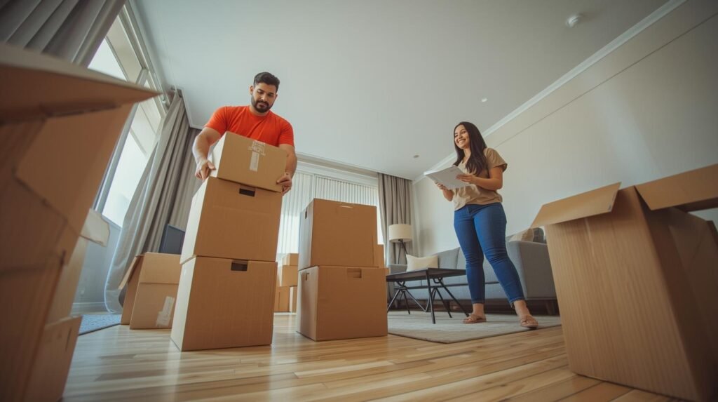 Funcionário de camiseta vermelha posicionando caixas em nova sala de estar enquanto cliente supervisiona, em mudança realizada no Rio de Janeiro.