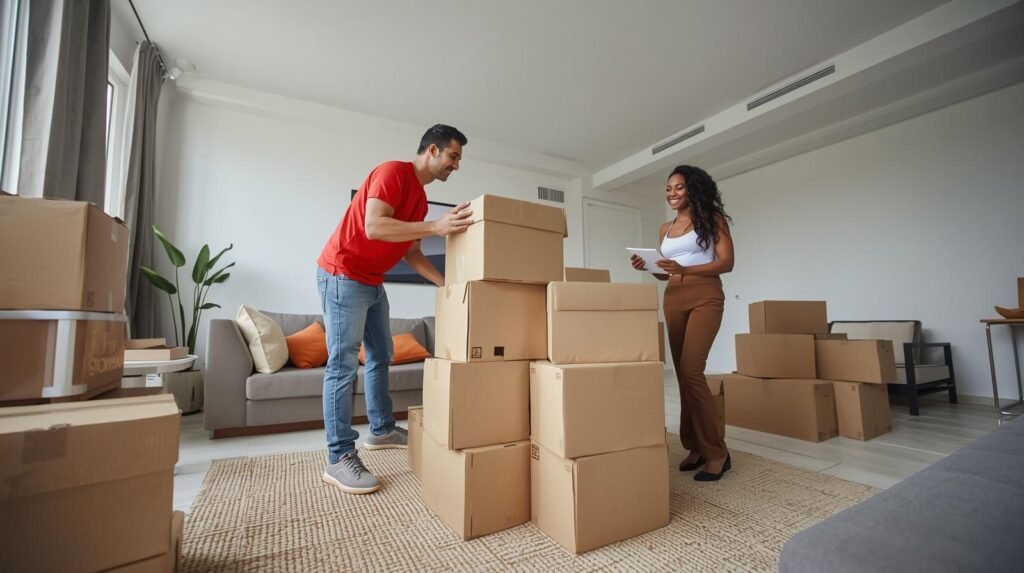 Funcionário de camiseta vermelha posicionando caixas em nova sala de estar enquanto cliente supervisiona, em mudança realizada no Rio de Janeiro.