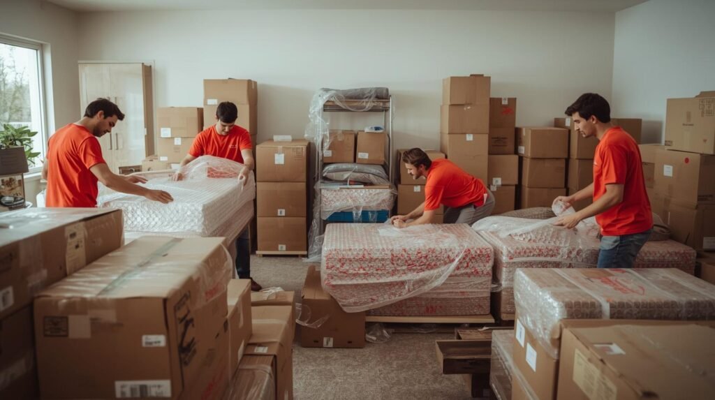 Profissionais embalando móveis para mudança interestadual