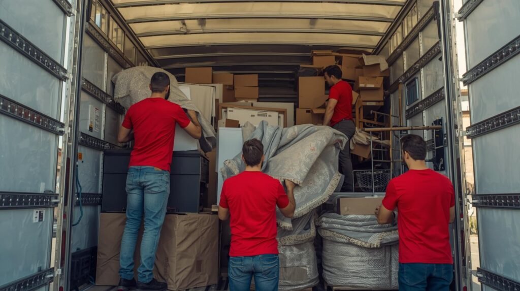 Equipe organizando móveis com segurança dentro do caminhão de mudança