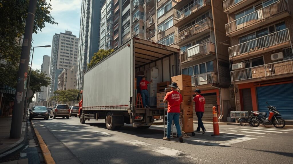 Caminhão de mudança em Copacabana com equipe organizando transporte