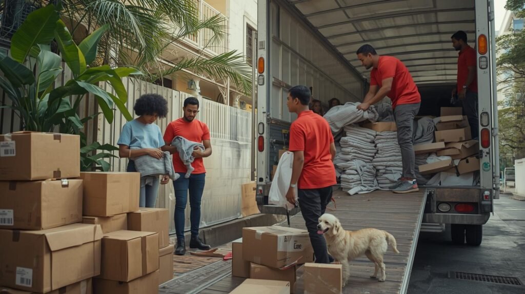 Família realizando mudança no Rio de Janeiro com cachorro enquanto equipe profissional carrega móveis