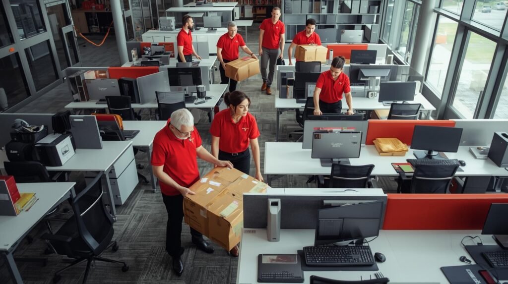 Equipe realizando mudança comercial no Rio de Janeiro com transporte de equipamentos