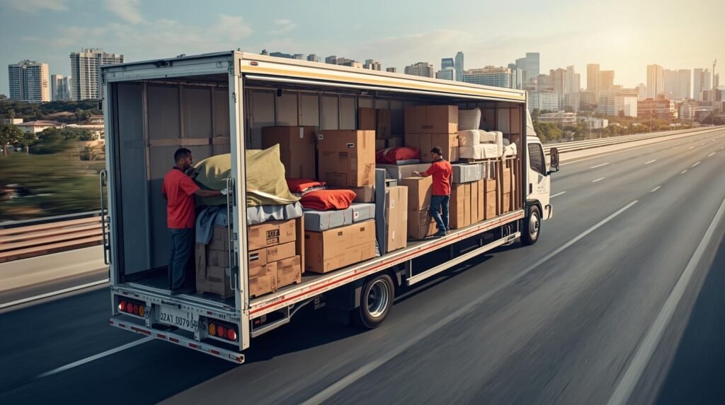 Caminhão de mudança realizando transporte interestadual com segurança