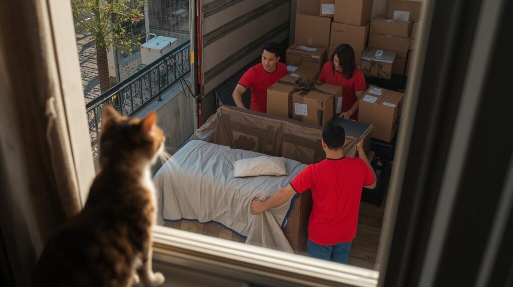 Mudança residencial no Rio de Janeiro com equipe profissional e presença de animal de estimação