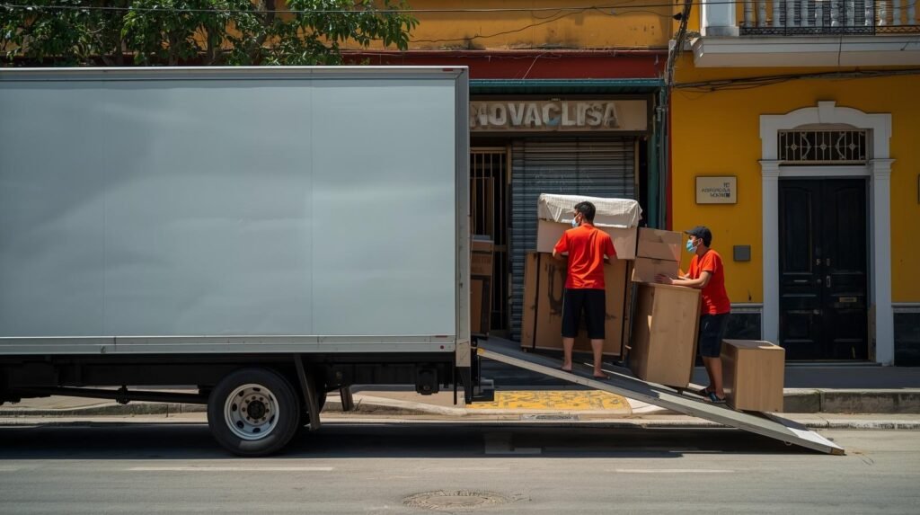 caminhão de mudança branco com equipe uniformizada realizando mudança RJ para SP