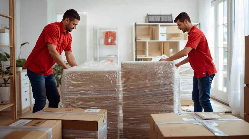 equipe embalando móveis para mudança interestadual com proteção profissional
