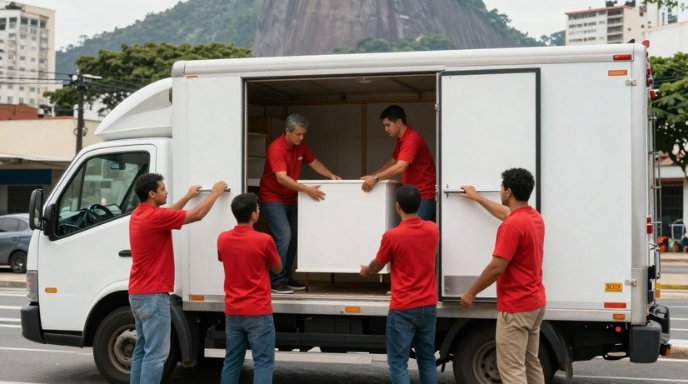 Mudanças locais RJ equipe com uniforme vermelho carregando caminhão