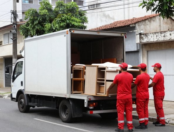 Mudança no Rio de Janeiro com caminhão branco e equipe profissional uniformizada