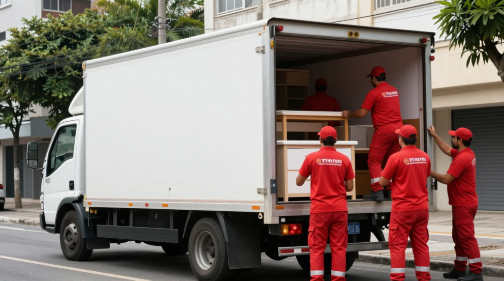 Caminhão de mudança branco com equipe profissional no Rio de Janeiro