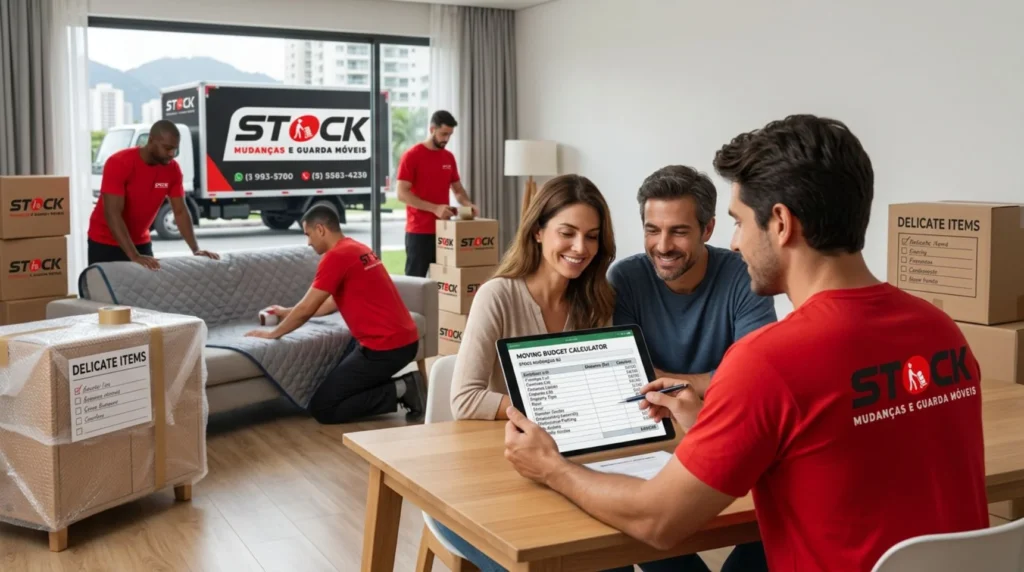 Consultor da Stock Mudanças RJ calculando o orçamento de uma mudança residencial no Rio de Janeiro.
