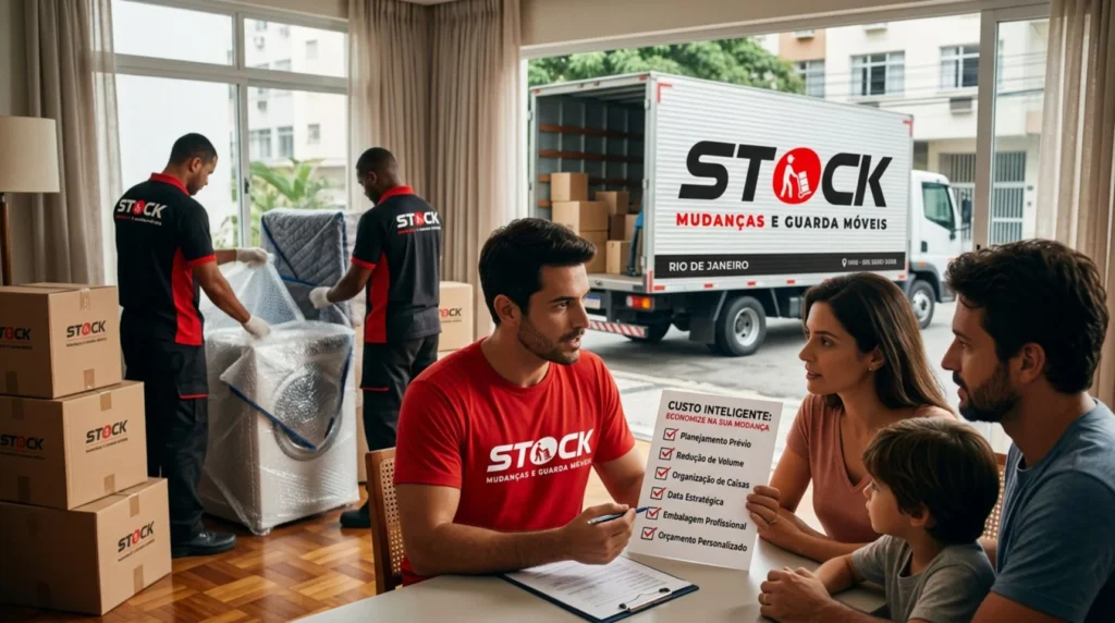 Consultor da Stock Mudanças RJ orientando uma família sobre como economizar nos custos da mudança no Rio de Janeiro.