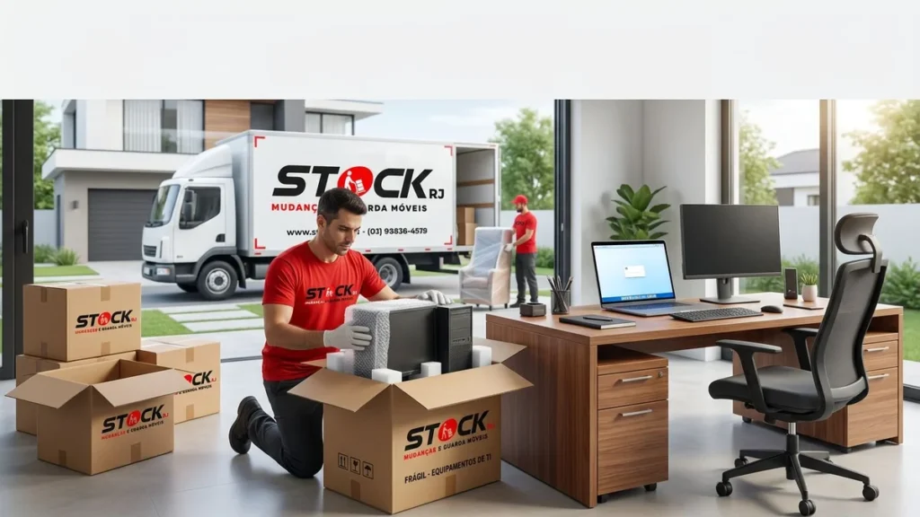 Funcionário da Stock Mudanças RJ organizando uma mudança residencial sem interromper o home office, protegendo equipamentos de trabalho.