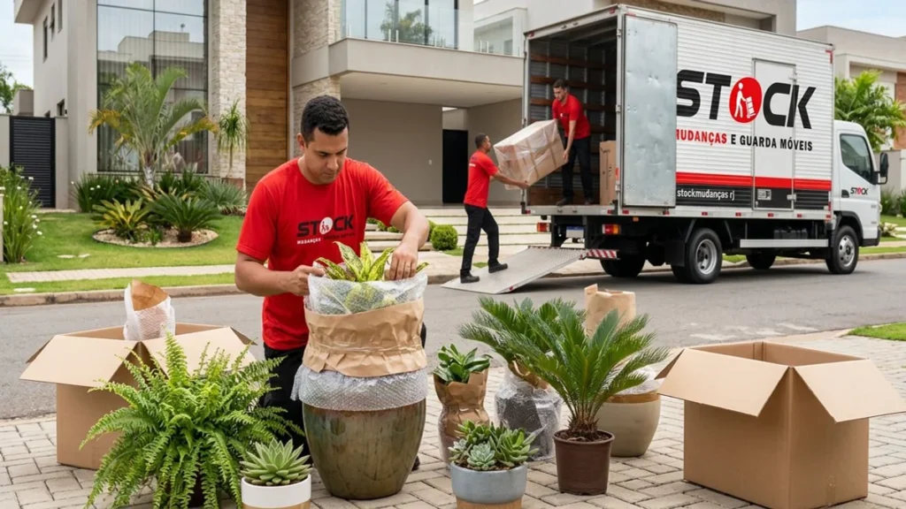 Funcionário da Stock Mudanças RJ transportando plantas e vasos frágeis com embalagem profissional durante mudança de longa distância.