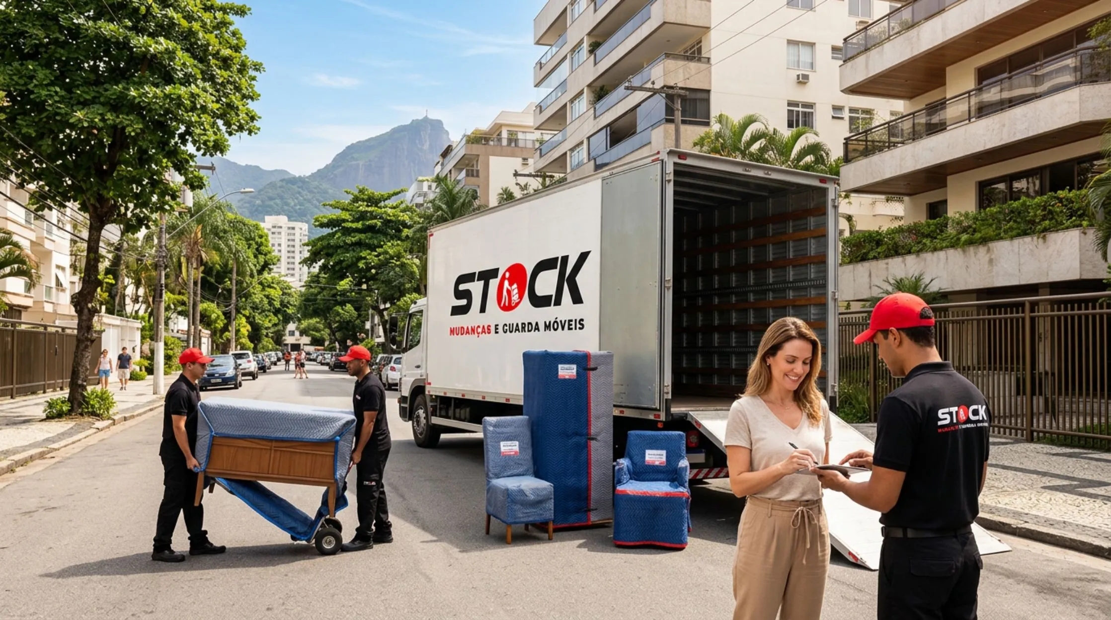 Caminhão baú estruturado de uma empresa profissional realizando o carregamento seguro em rua residencial do Rio de Janeiro