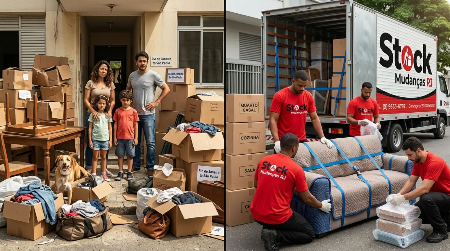 Comparação entre uma mudança desorganizada e uma mudança profissional realizada pela Stock Mudanças RJ.