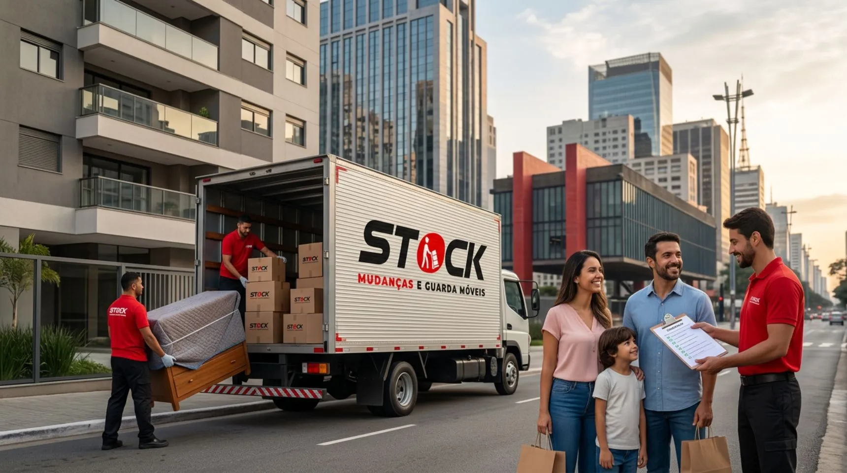 Família chegando ao novo apartamento em São Paulo após mudança realizada pela Stock Mudanças RJ.