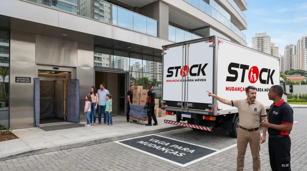 Equipe realizando mudança para apartamento em condomínio de São Paulo com planejamento e segurança.