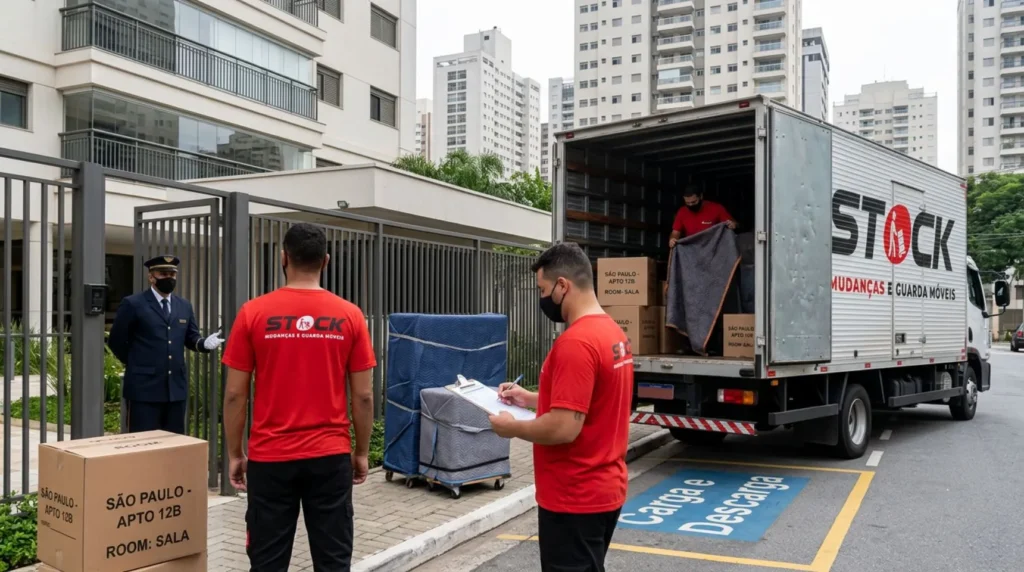 Mudança para apartamento em São Paulo: cuidados com condomínio e transporte 8 Equipe da Stock Mudanças RJ realizando mudança para apartamento em São Paulo com organização e autorização do condomínio.