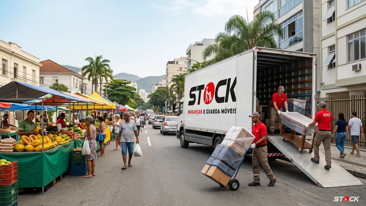 Caminhão da Stock Mudanças RJ realizando mudança residencial em rua com feira livre sem bloquear o trânsito, com equipe uniformizada e móveis protegidos.