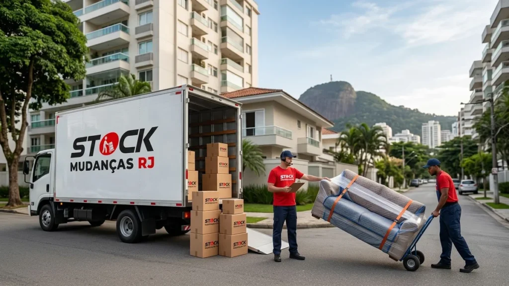 Equipe da Stock Mudanças RJ realizando uma mudança residencial planejada no Rio de Janeiro com caminhão e profissionais especializados.