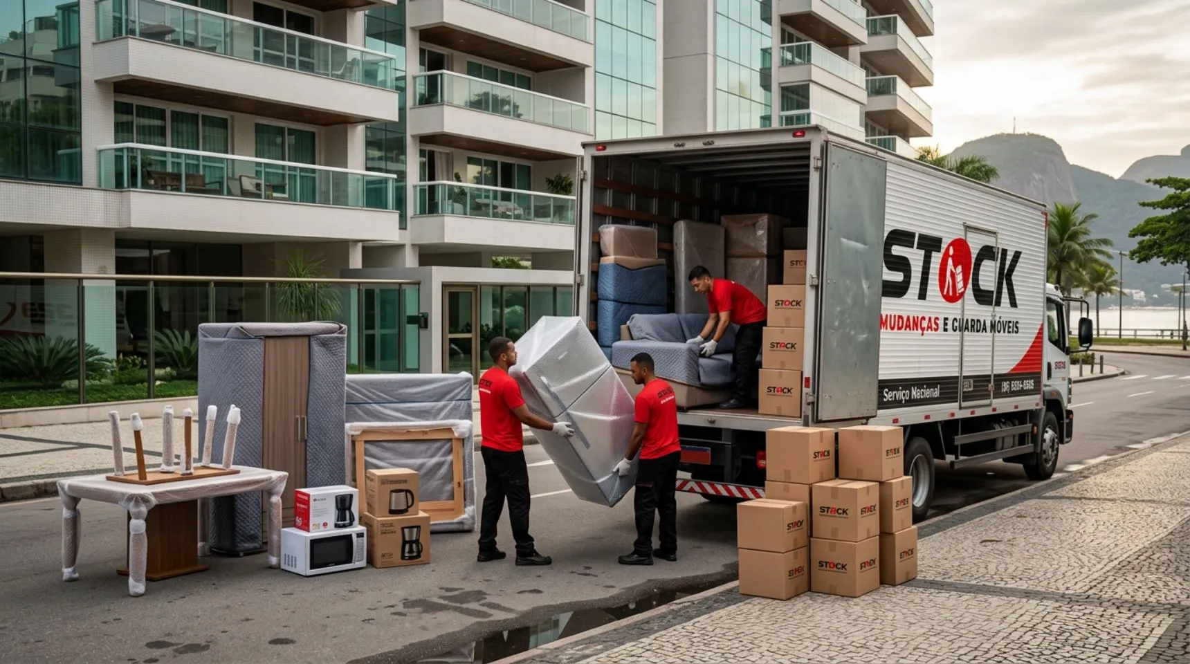 Equipe técnica realizando o carregamento organizado de caixas e móveis residenciais em caminhão baú no Rio de Janeiro