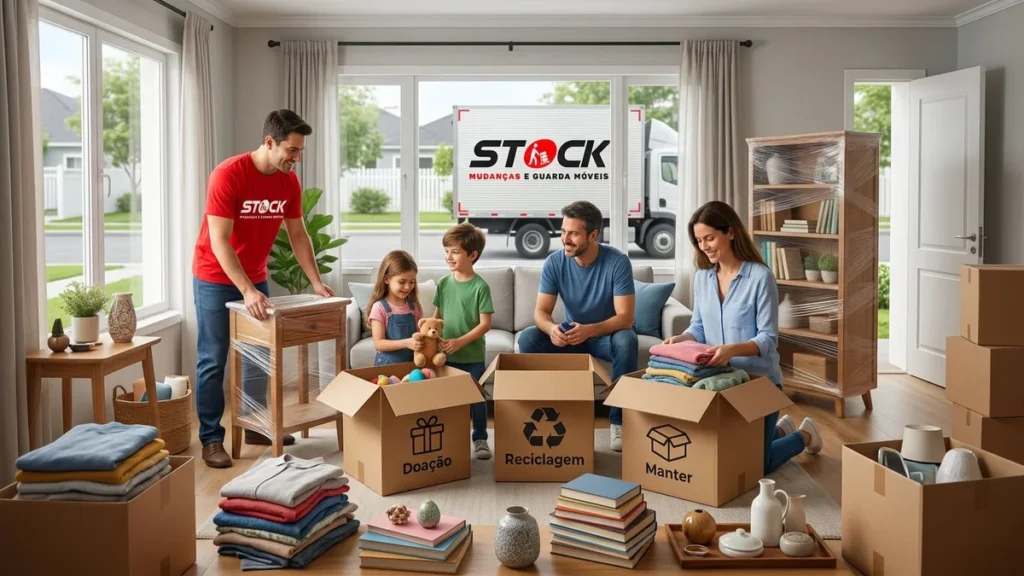 Profissional da Stock Mudanças RJ auxiliando na organização e separação de móveis e objetos antes de uma mudança residencial.