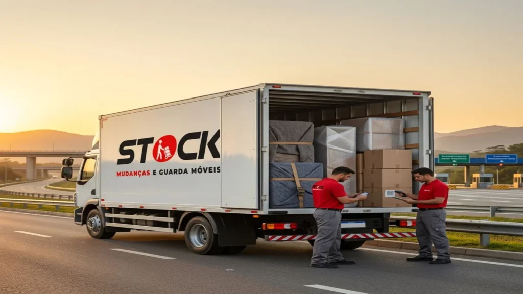 Caminhão da Stock Mudanças RJ transportando mudança pela Rodovia Dutra entre Rio de Janeiro e São Paulo com equipe especializada.