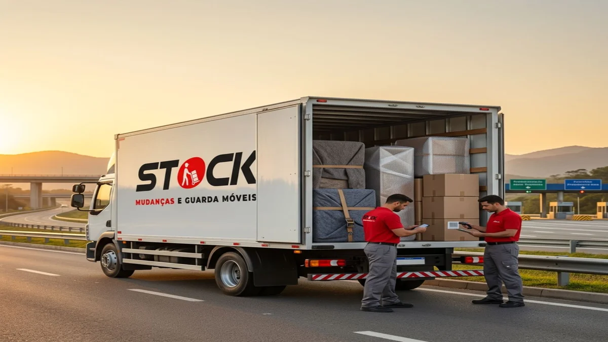 Caminhão da Stock Mudanças RJ transportando mudança pela Rodovia Dutra entre Rio de Janeiro e São Paulo com equipe especializada.