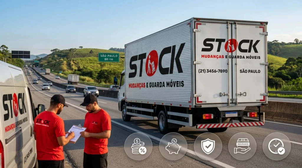 Mudança do Rio de Janeiro para São Paulo: quanto custa em 2026? 4 Caminhão da Stock Mudanças RJ realizando transporte de móveis entre Rio de Janeiro e São Paulo.