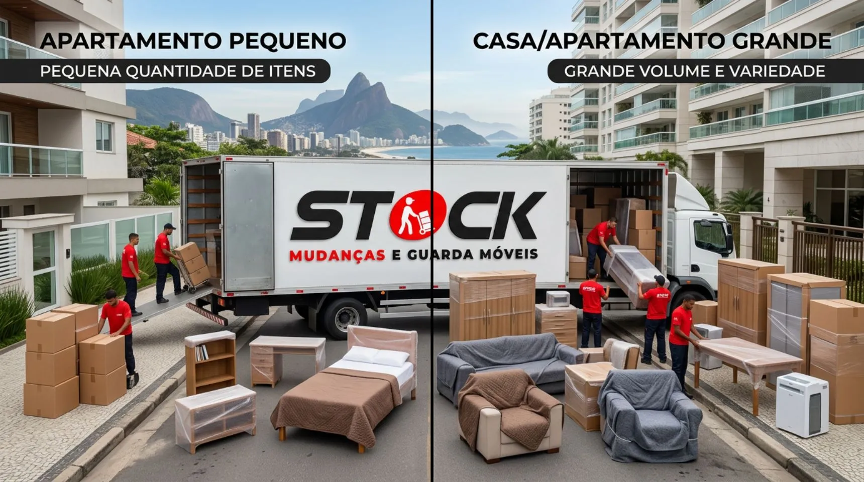 Comparação entre mudança com poucos móveis e mudança com grande volume de móveis no Rio de Janeiro.