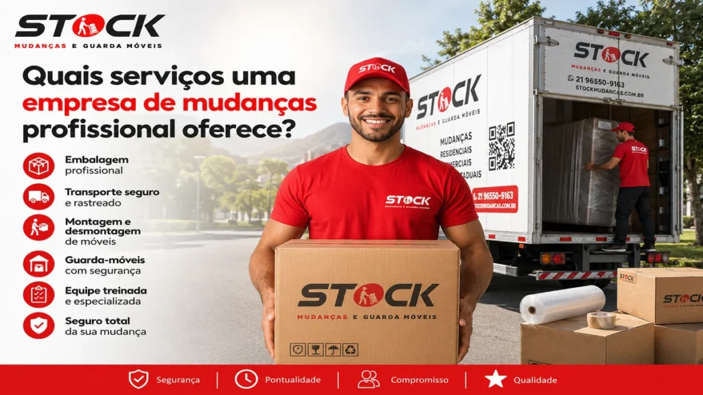 Empresa de mudanças profissional Stock Mudanças RJ realizando embalagem, transporte, montagem de móveis, guarda-móveis e mudança residencial no Rio de Janeiro.