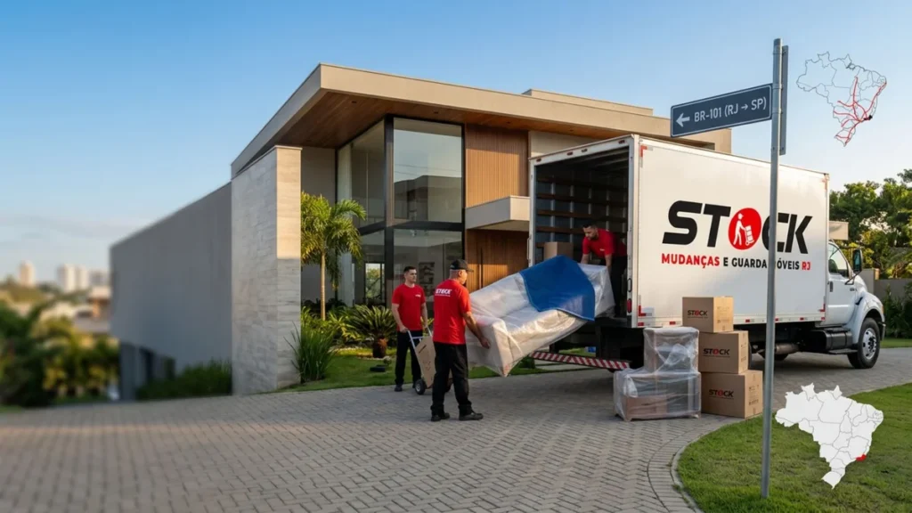 Equipe da Stock Mudanças RJ realizando uma mudança interestadual com caminhão personalizado e profissionais de camiseta vermelha carregando móveis embalados.