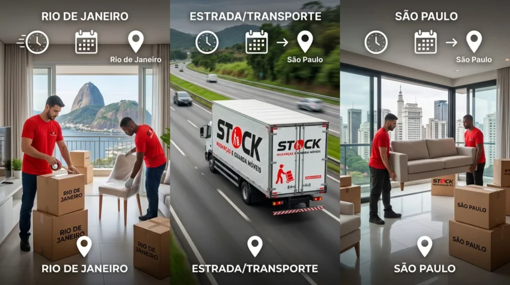 Quanto tempo demora uma mudança do Rio para São Paulo? 3 Equipe da Stock Mudanças RJ realizando mudança do Rio de Janeiro para São Paulo com transporte organizado e pontual.
