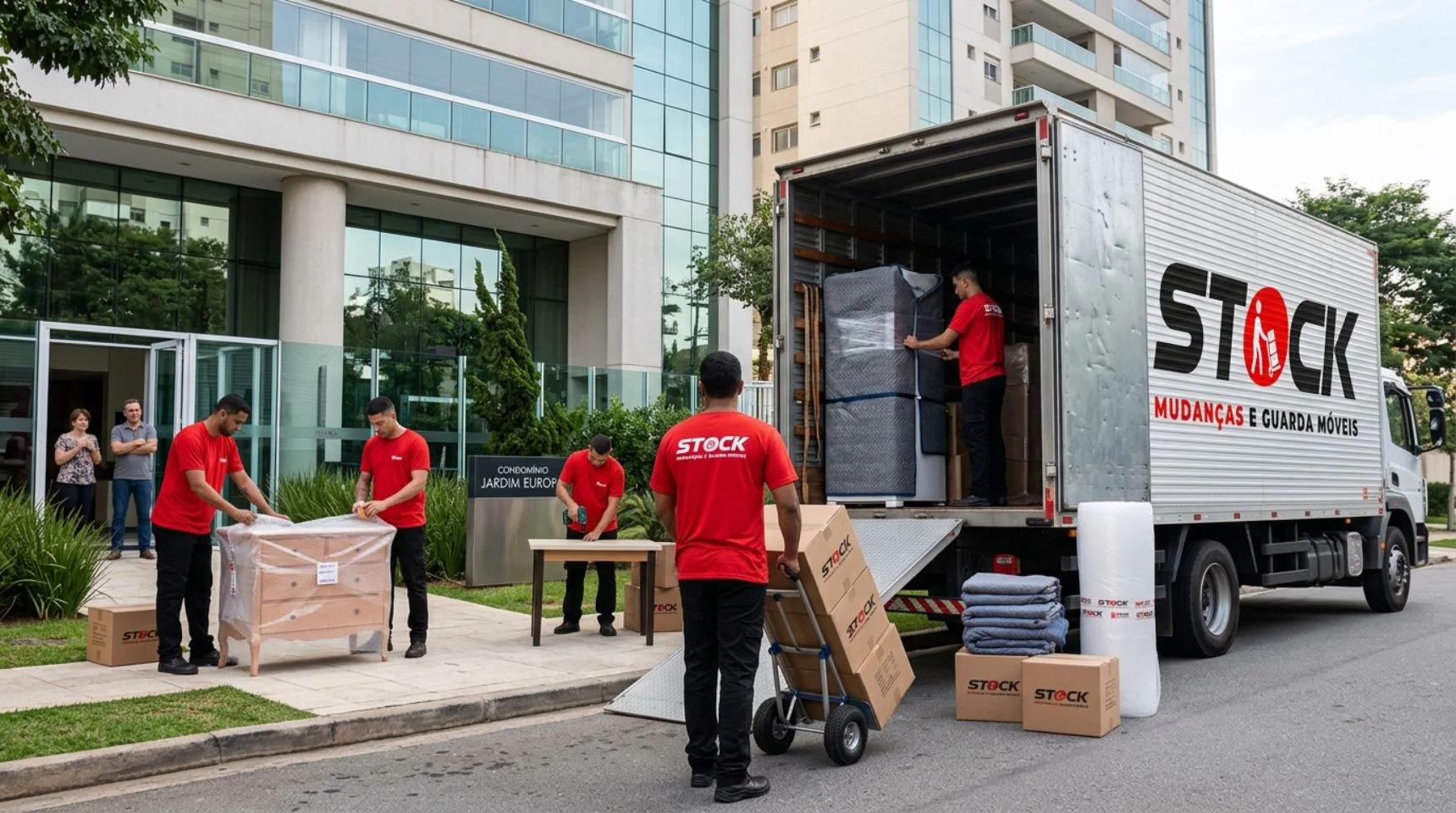 Equipe da Stock Mudanças realizando embalagem, desmontagem e transporte de móveis.